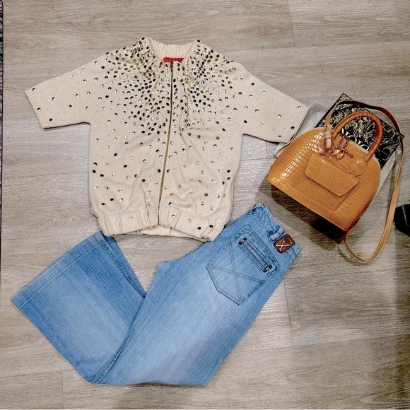 Y2K MANOUSCH CREAM WOOL BLEND EMBELLISHED OVERSIZED ZIP CARDIGAN - Picture 2 of 9